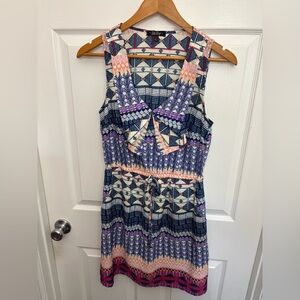 BeBop Navy, Purple, Peach Geometric Patterned Mini Dress w/layered collar, Sz L